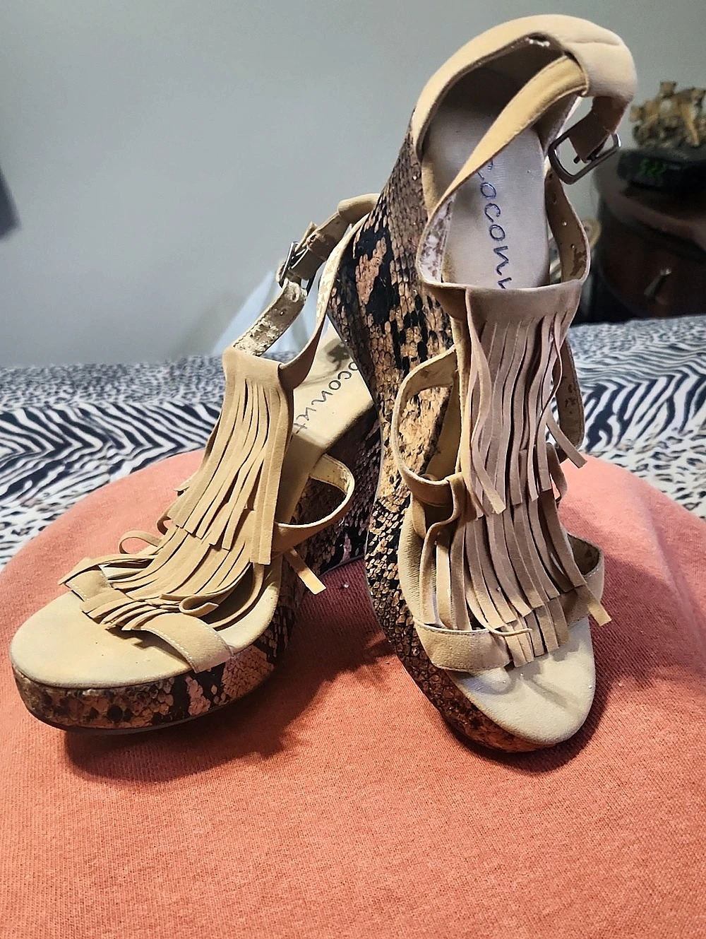 Coconuts Fringe Platform Heels in Beige & Brown